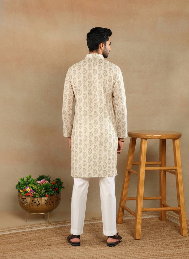 Cream linen fabric printed ethnic looks kurta payjama for men