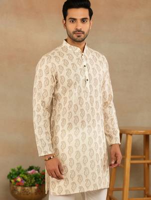 Cream linen fabric printed ethnic looks kurta payjama for men 3