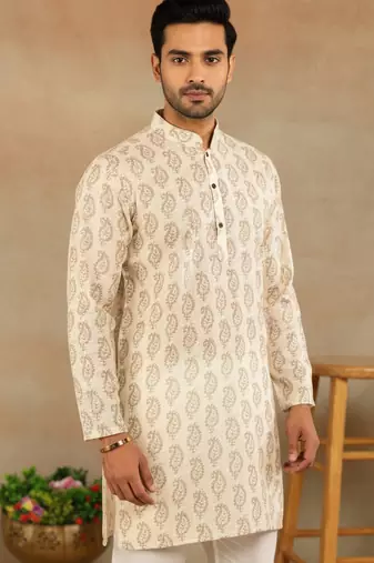Cream linen fabric printed ethnic looks kurta payjama for men