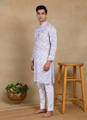 Lavender linen fabric printed ethnic looks kurta payjama for men 3