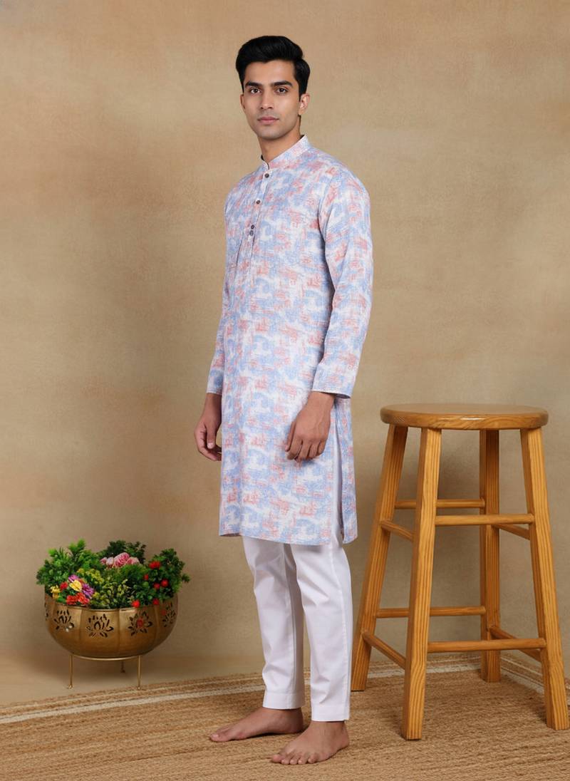 Lavender linen fabric printed ethnic looks kurta payjama for men