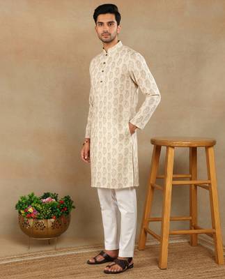 Cream linen fabric printed ethnic looks kurta payjama for men 4