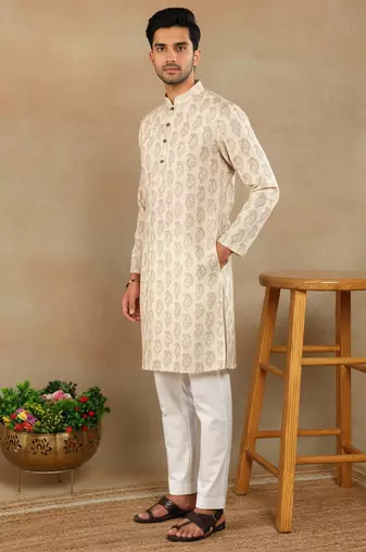Cream linen fabric printed ethnic looks kurta payjama for men