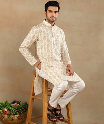 Cream linen fabric printed ethnic looks kurta payjama for men 5