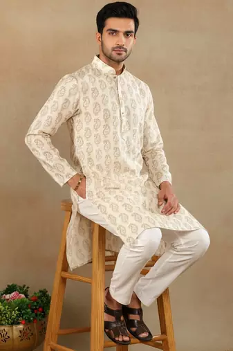 Cream linen fabric printed ethnic looks kurta payjama for men