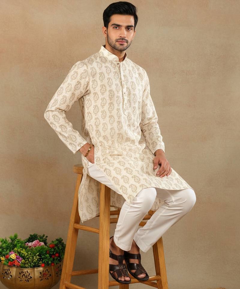 Cream linen fabric printed ethnic looks kurta payjama for men