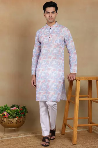 Lavender color smart linen  fabric designer printed ethnic looks kurta payjama for men