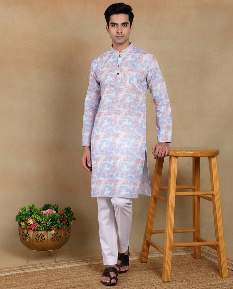 Lavender linen fabric printed ethnic looks kurta payjama for men
