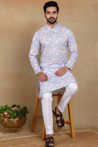 Lavender color smart linen  fabric designer printed ethnic looks kurta payjama for men