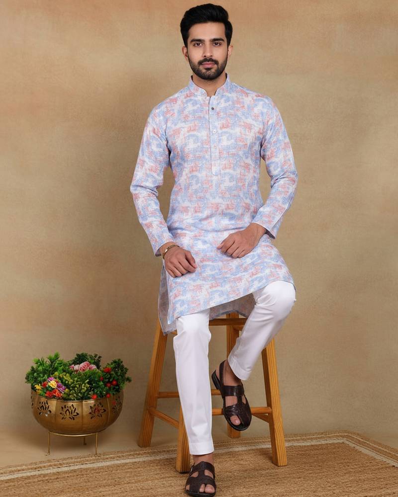 Lavender linen fabric printed ethnic looks kurta payjama for men