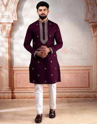 Wine color designer embroidered ceremonial special kurta payjama for mens' traditional looks 1