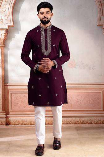 Wine color designer embroidered ceremonial special kurta payjama for mens' traditional looks