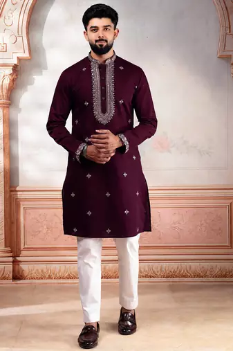 Wine color designer embroidered ceremonial special kurta payjama for mens' traditional looks