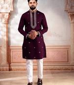 Wine color designer embroidered ceremonial special kurta payjama for mens' traditional looks