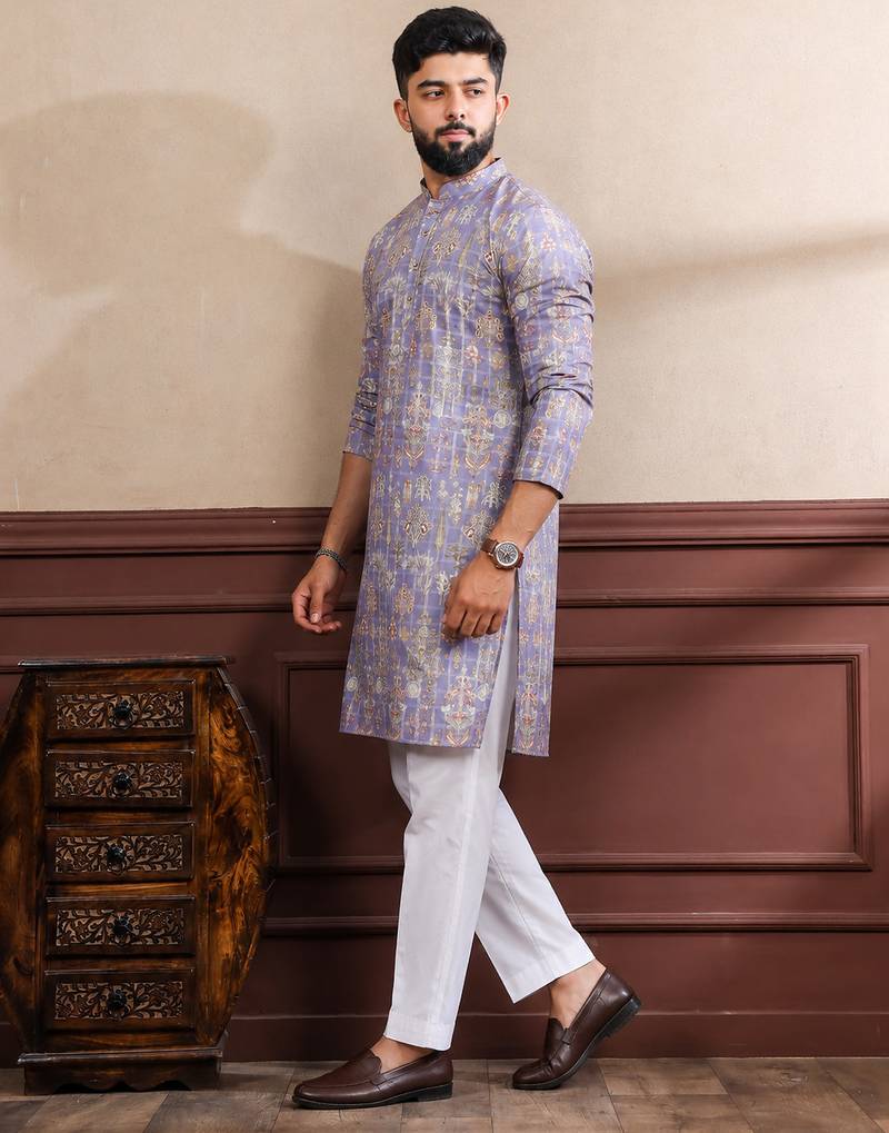 Lavender color smart printed ethnic kurta payjama for ceremonial looks