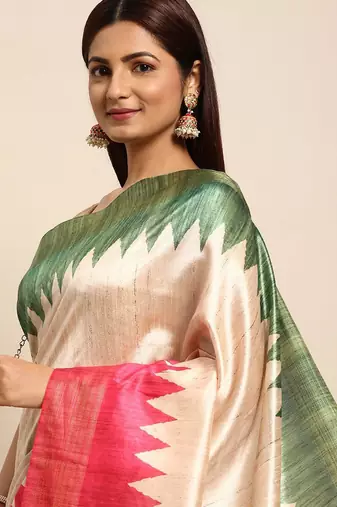 Colourblocked Silk Blend Tussar Saree
