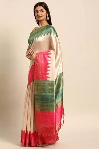Colourblocked Silk Blend Tussar Saree