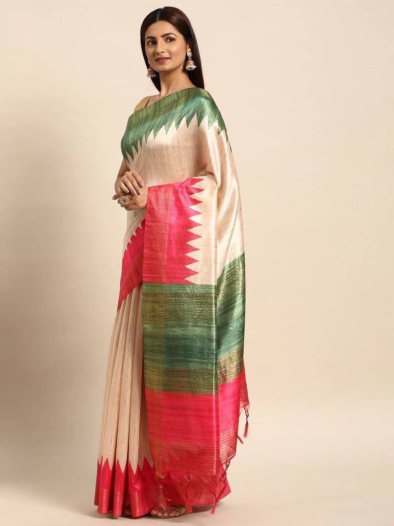 Colourblocked Silk Blend Tussar Saree