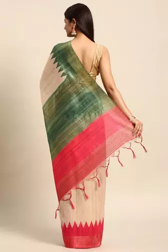 Colourblocked Silk Blend Tussar Saree