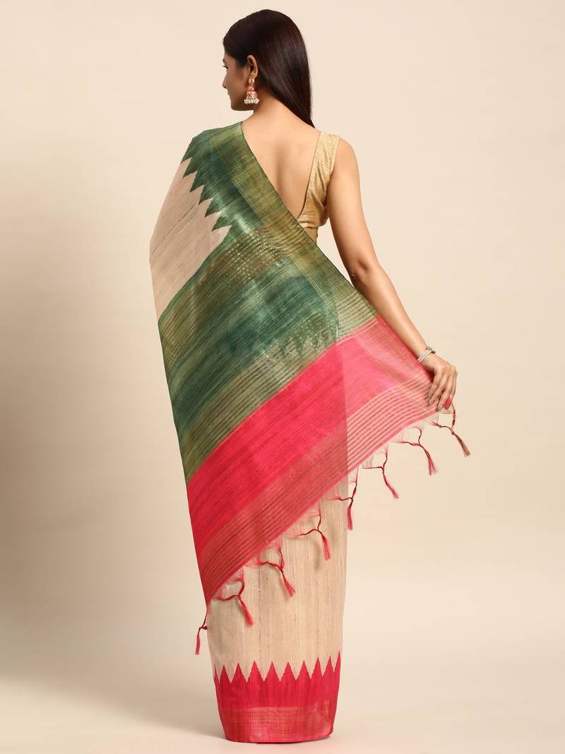 Colourblocked Silk Blend Tussar Saree