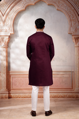 Wine color designer embroidered ceremonial special kurta payjama for mens' traditional looks 2