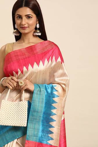 Colourblocked Silk Blend Tussar Saree