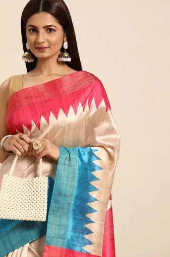 Colourblocked Silk Blend Tussar Saree