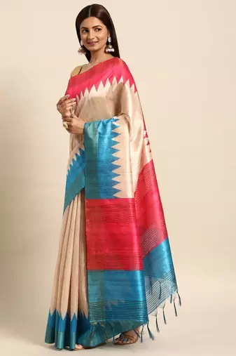 Colourblocked Silk Blend Tussar Saree