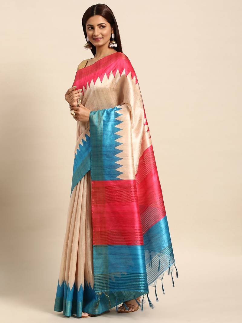 Colourblocked Silk Blend Tussar Saree