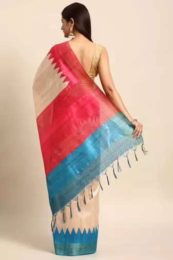 Colourblocked Silk Blend Tussar Saree