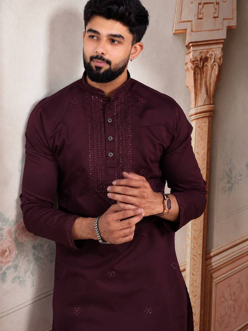 Wine color smart festive special embroidered kurta payjama for traditonal looks
