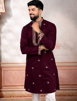 Wine color designer embroidered ceremonial special kurta payjama for mens' traditional looks 3