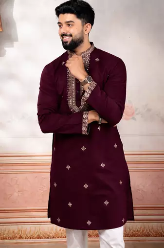 Wine color designer embroidered ceremonial special kurta payjama for mens' traditional looks
