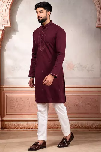 Wine color smart festive special embroidered kurta payjama for traditonal looks