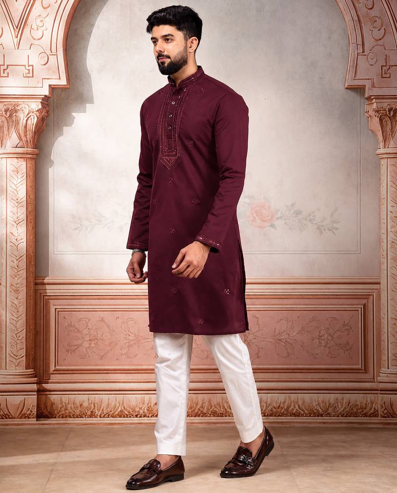 Wine color smart festive special embroidered kurta payjama for traditonal looks
