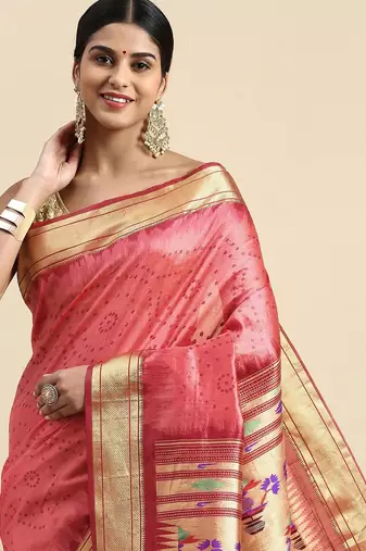 Bandhani Zari Silk Cotton Paithani Saree