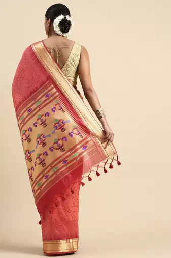Bandhani Zari Silk Cotton Paithani Saree