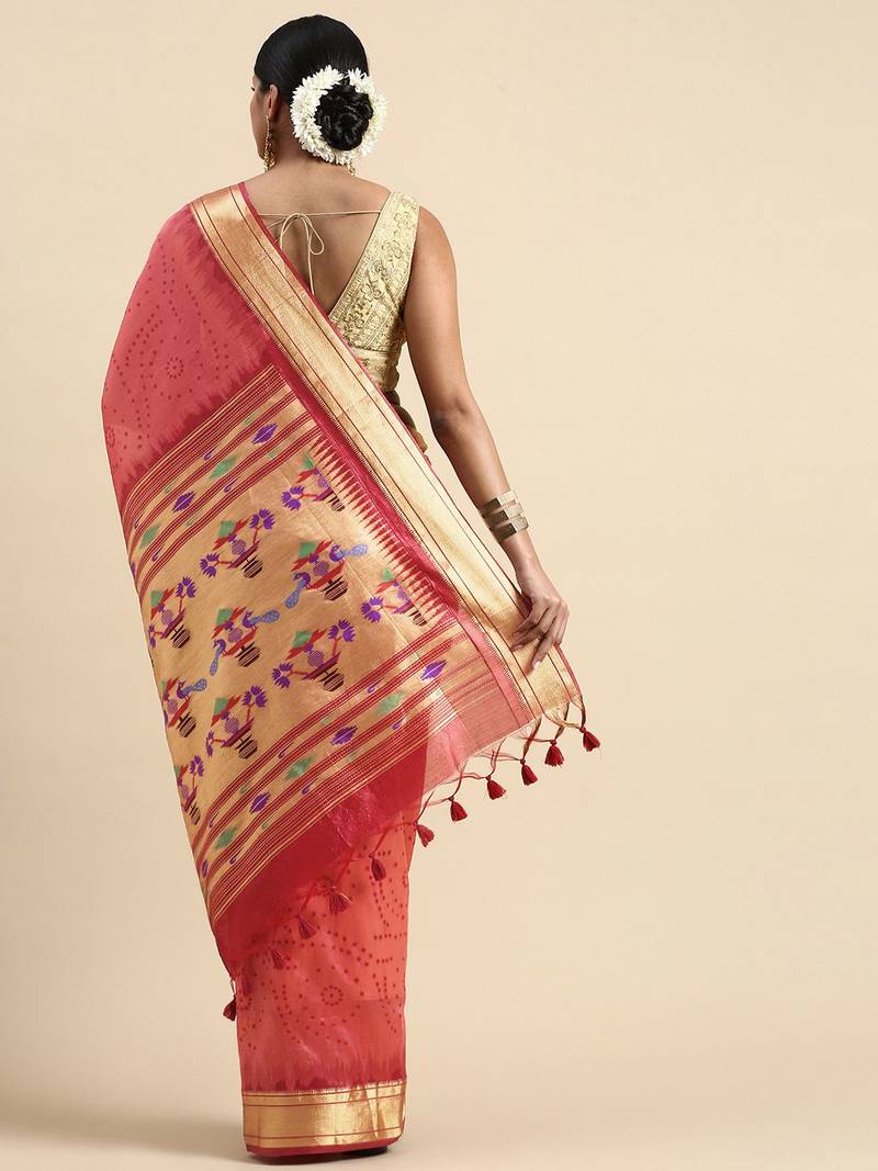 Bandhani Zari Silk Cotton Paithani Saree