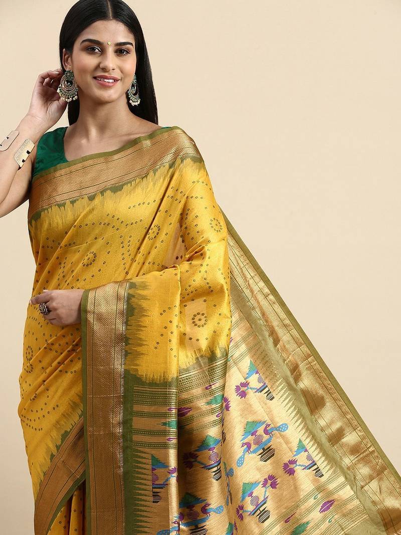 Bandhani Zari Silk Cotton Paithani Saree