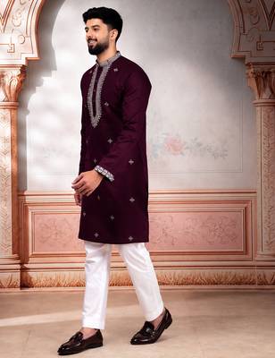 Wine color designer embroidered ceremonial special kurta payjama for mens' traditional looks 4