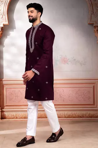 Wine color designer embroidered ceremonial special kurta payjama for mens' traditional looks
