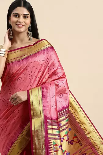 Bandhani Zari Silk Cotton Paithani Saree