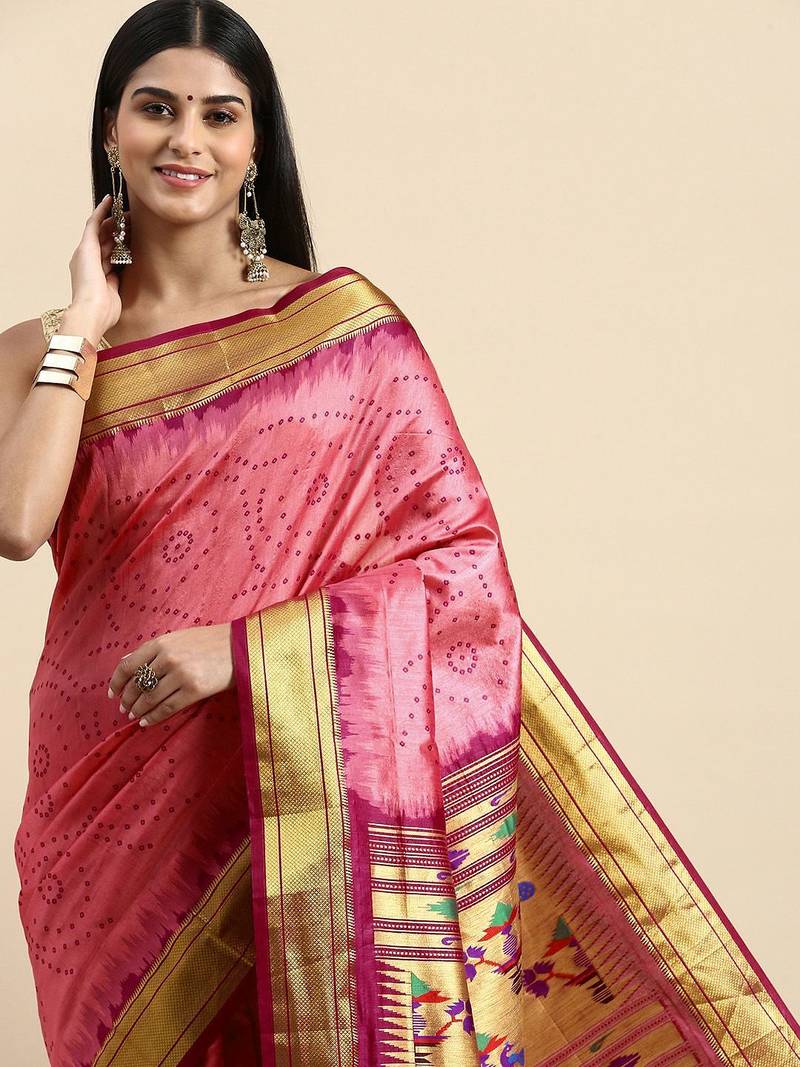 Bandhani Zari Silk Cotton Paithani Saree