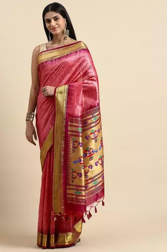 Bandhani Zari Silk Cotton Paithani Saree