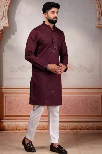 Wine color smart festive special embroidered kurta payjama for traditonal looks