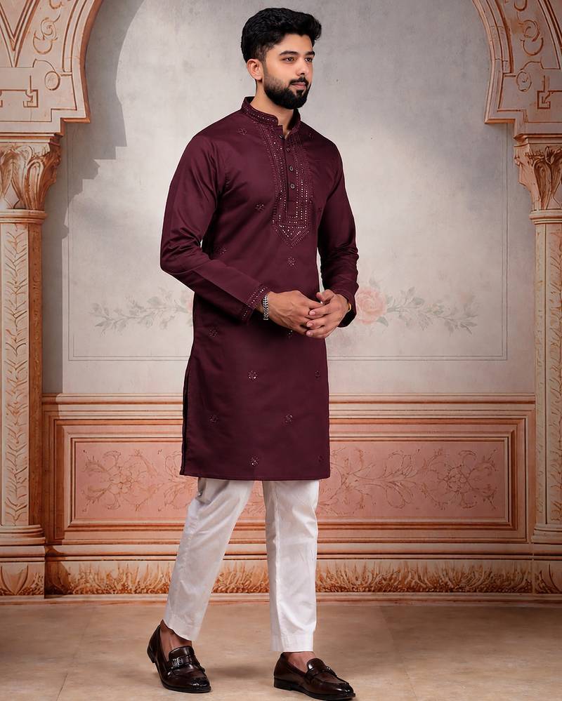 Wine color smart festive special embroidered kurta payjama for traditonal looks