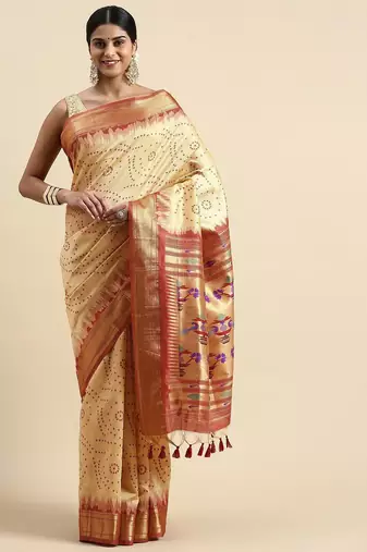 Bandhani Zari Silk Cotton Paithani Saree