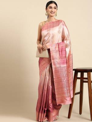 Pink & Gold-Toned Floral Zari Jute Cotton Baluchari Saree 1