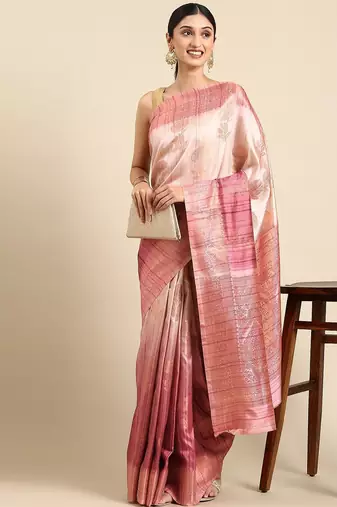 Pink & Gold-Toned Floral Zari Jute Cotton Baluchari Saree