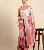 Pink & Gold-Toned Floral Zari Jute Cotton Baluchari Saree